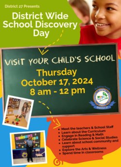 Discovery Day Flyer with information on blue and green background